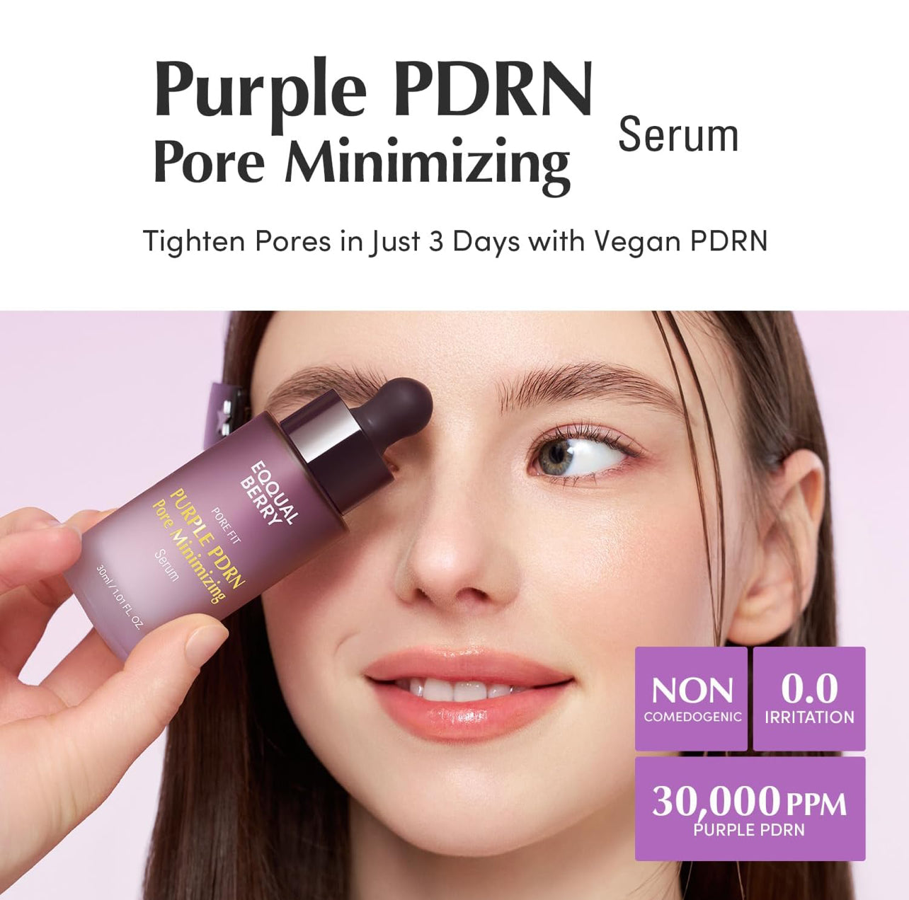Model holding Equal Berry Purple PDRN Serum near her face, highlighting skin radiance and product claims like non-comedogenic and 30,000 PPM PDRN