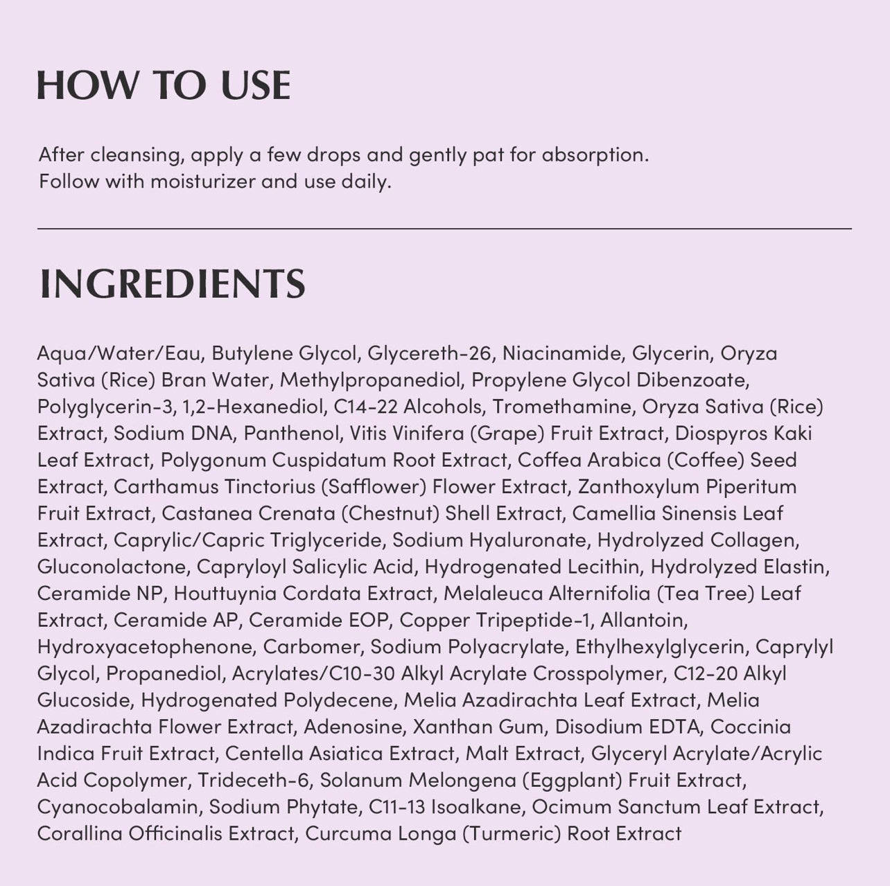 How to use Equal Berry Purple PDRN Serum and a full list of ingredients including niacinamide, rice bran water, and tea tree extract