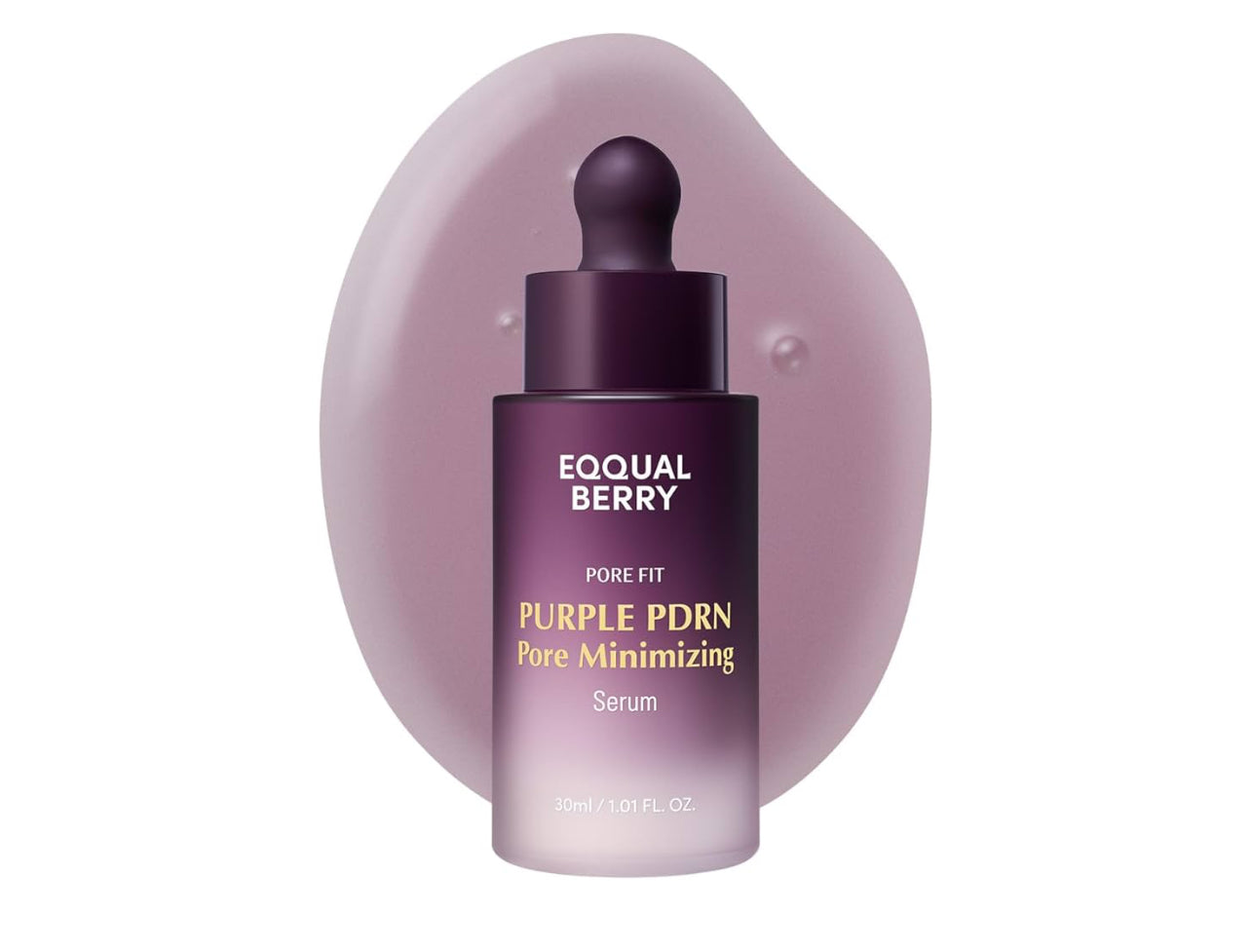 Equal Berry Purple PDRN Pore Minimizing Serum bottle with a glossy purple serum texture in the background