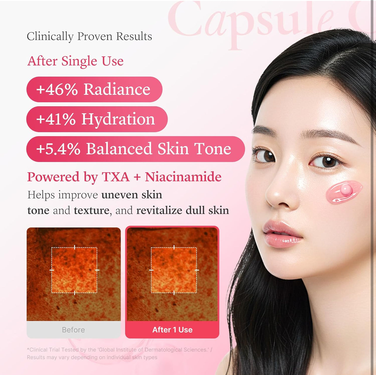 Model using Medicube TXA Capsule Cream with clinical results showing increased radiance, hydration, and even skin tone