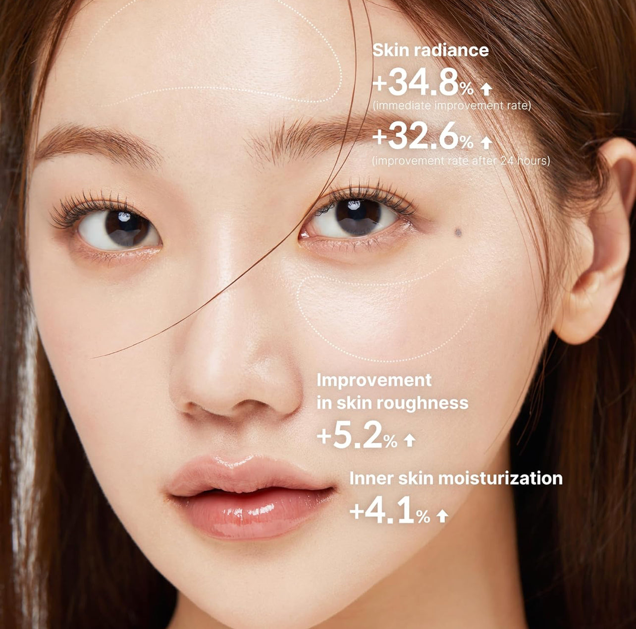 Model showing before and after results using Medicube Vitamin C Cream with improvements in radiance, texture, and hydration