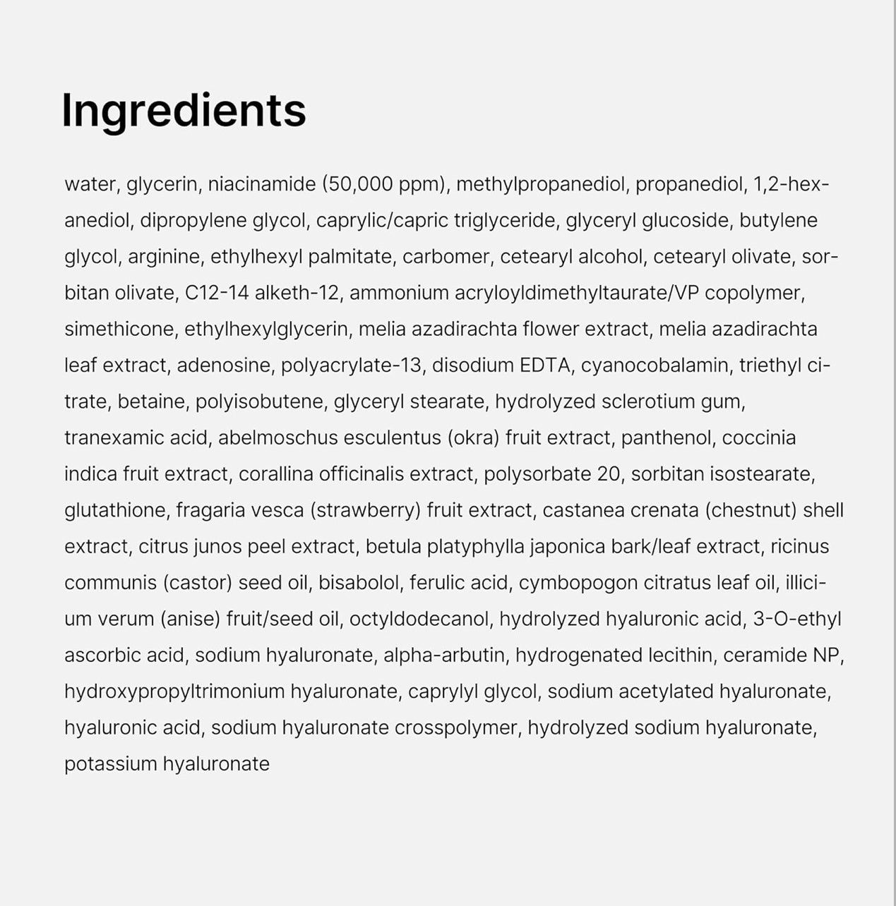 Full ingredients list for Medicube TXA + Niacinamide Capsule Cream including niacinamide 50,000 ppm and hyaluronic acid.