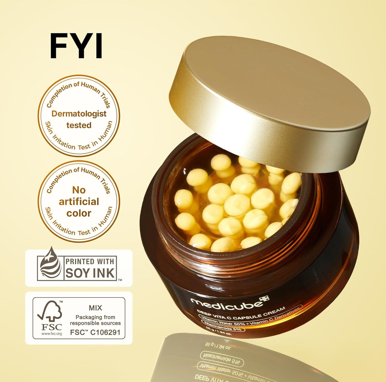 Medicube Deep Vita C Capsule Cream packaging with dermatologist tested and soy ink print certifications