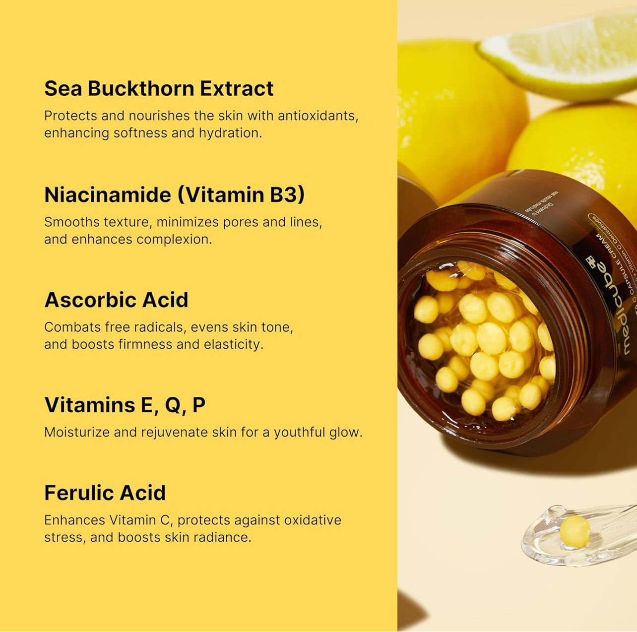 Key ingredients of Medicube Vita C Cream including Sea Buckthorn, Niacinamide, Ascorbic Acid, Vitamins E Q P, and Ferulic Acid