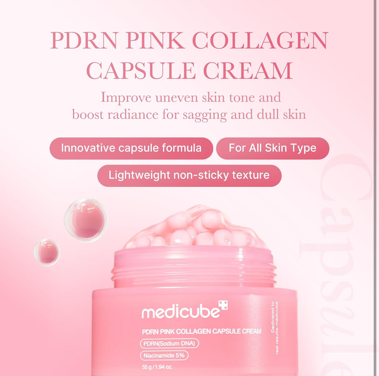 Medicube PDRN Pink Collagen Capsule Cream packaging highlighting lightweight, non-sticky formula for all skin types