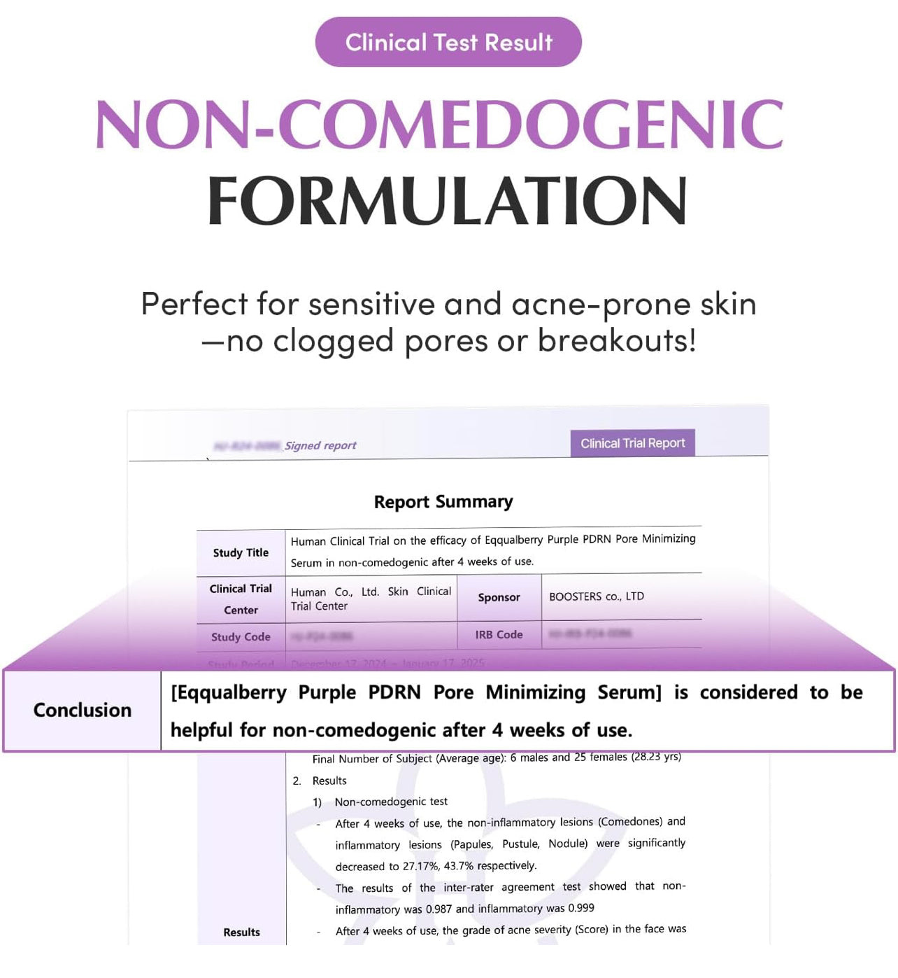 Clinical test report summary proving the non-comedogenic formulation of Equalberry Purple PDRN Serum