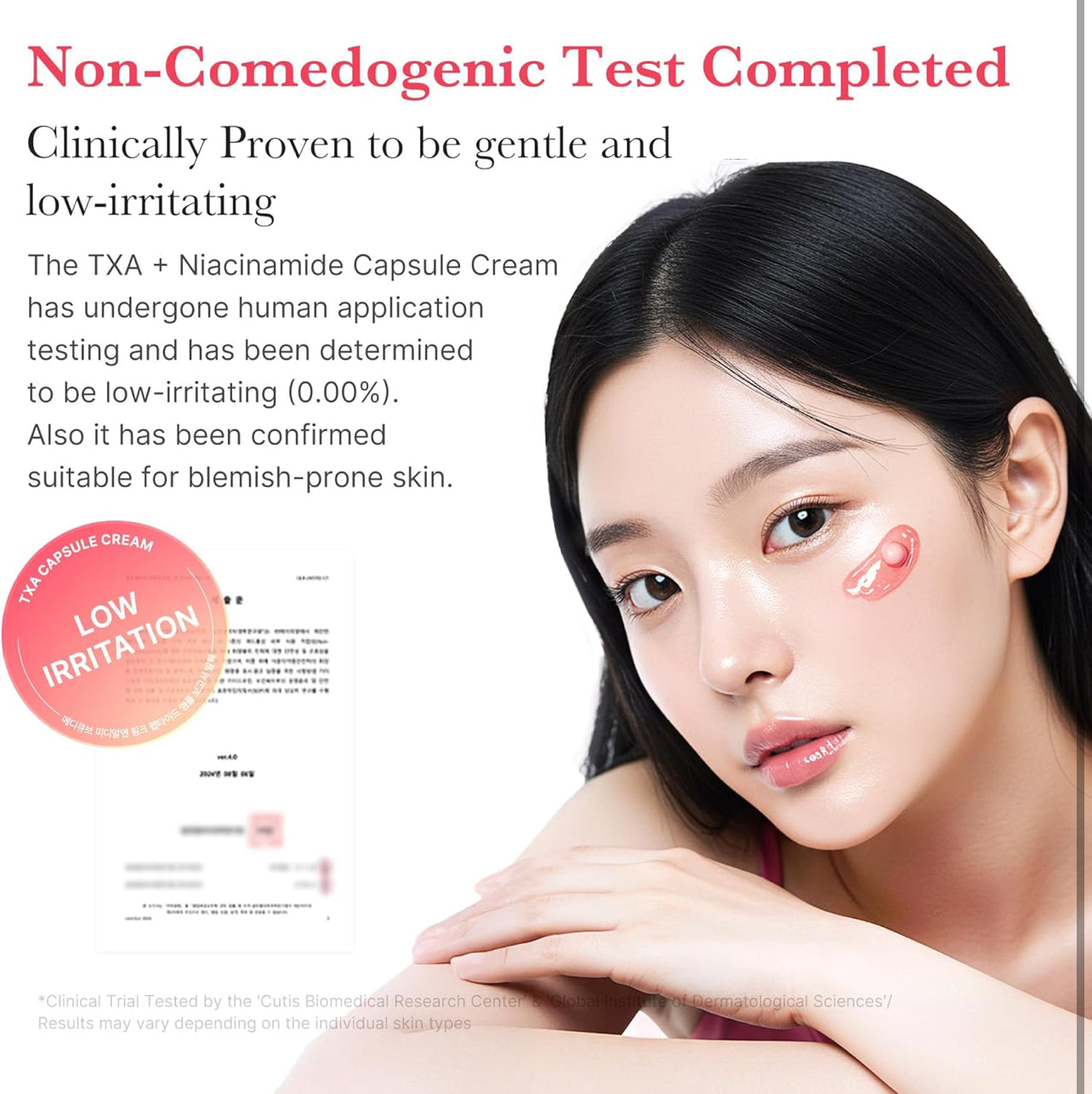 Model demonstrating non-comedogenic results of TXA Capsule Cream; suitable for blemish-prone and sensitive skin