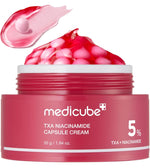 Medicube TXA Niacinamide Capsule Cream open jar showing pink capsules in hydrating gel and swatch texture