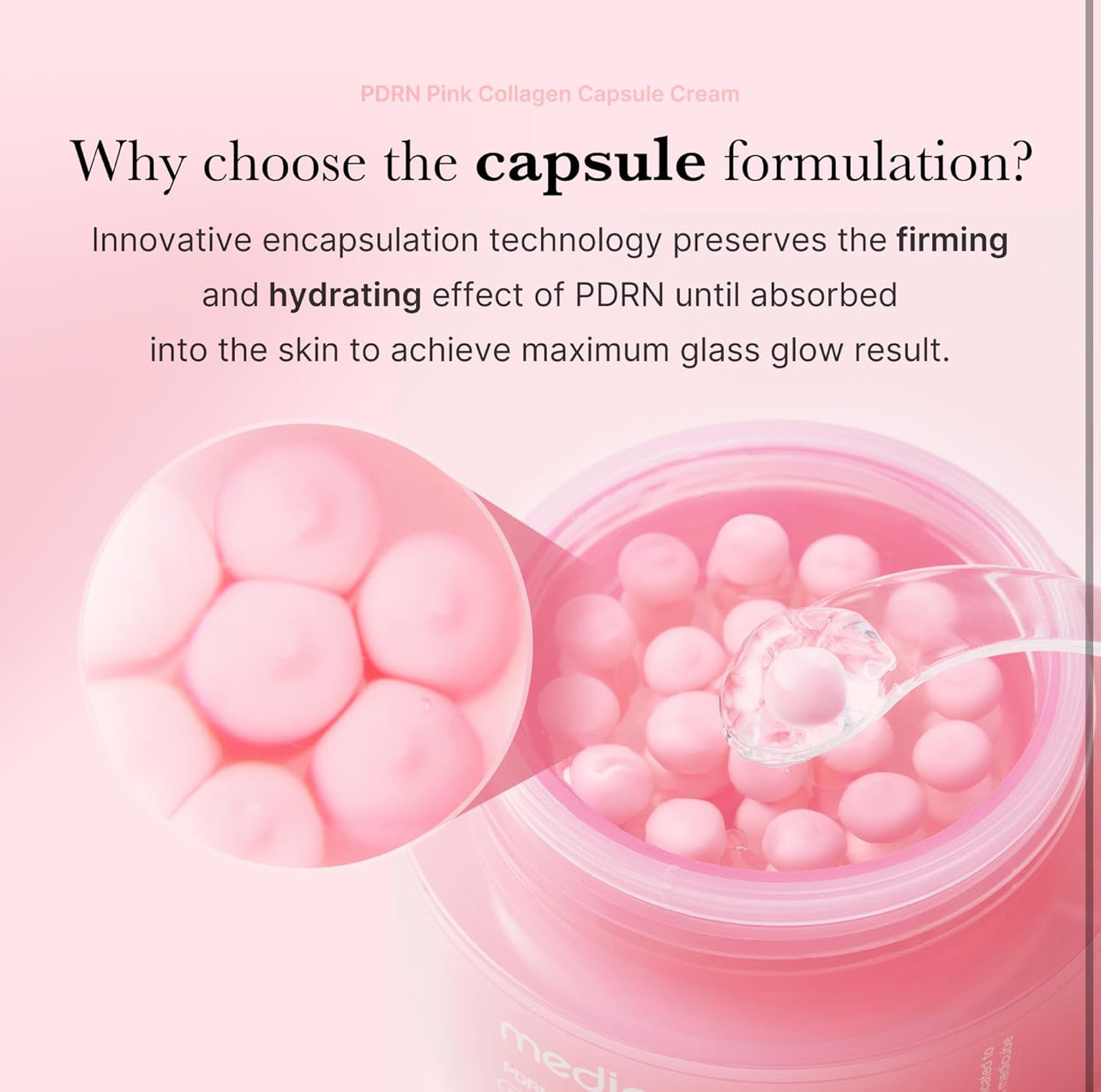 Detailed view of capsule formulation in Medicube cream showing encapsulated collagen beads and hydrating gel